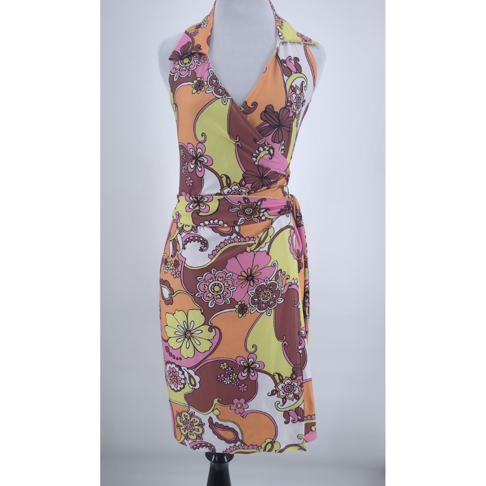 Kokoon Womens Retro Floral Halter Wrap Dress Pink Orange Yellow XS Made in USA